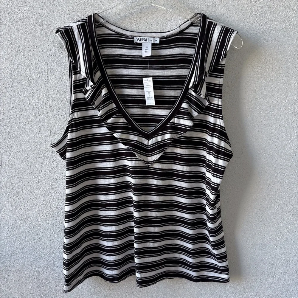White House Black Market‎ XL Sleeveless Ruffle V Neck Stripe Tank Casual Beach